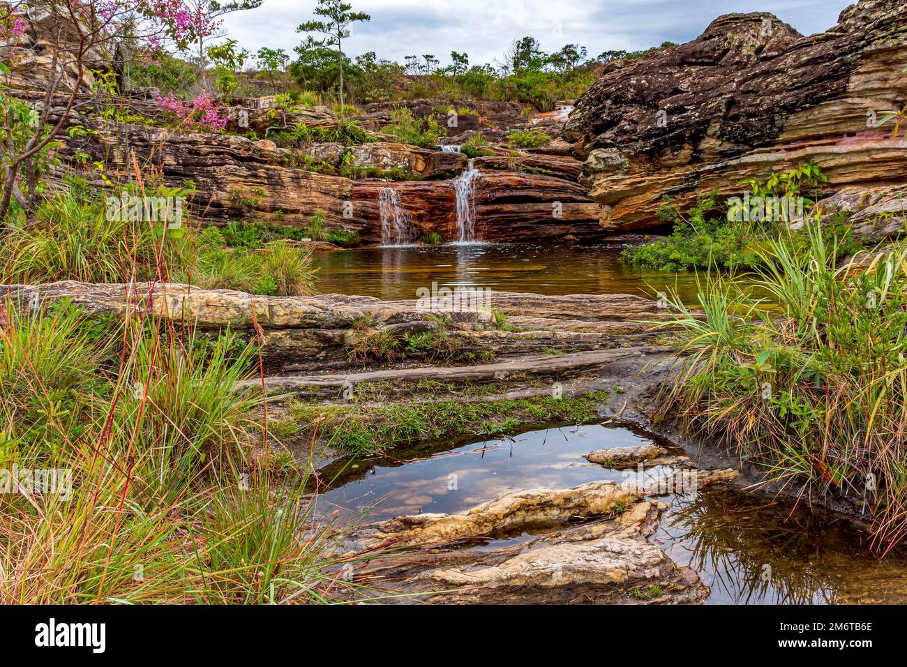 Petite cascade entre les roches et la végétation de la réserve environnementale de Biribiri Banque D'Images