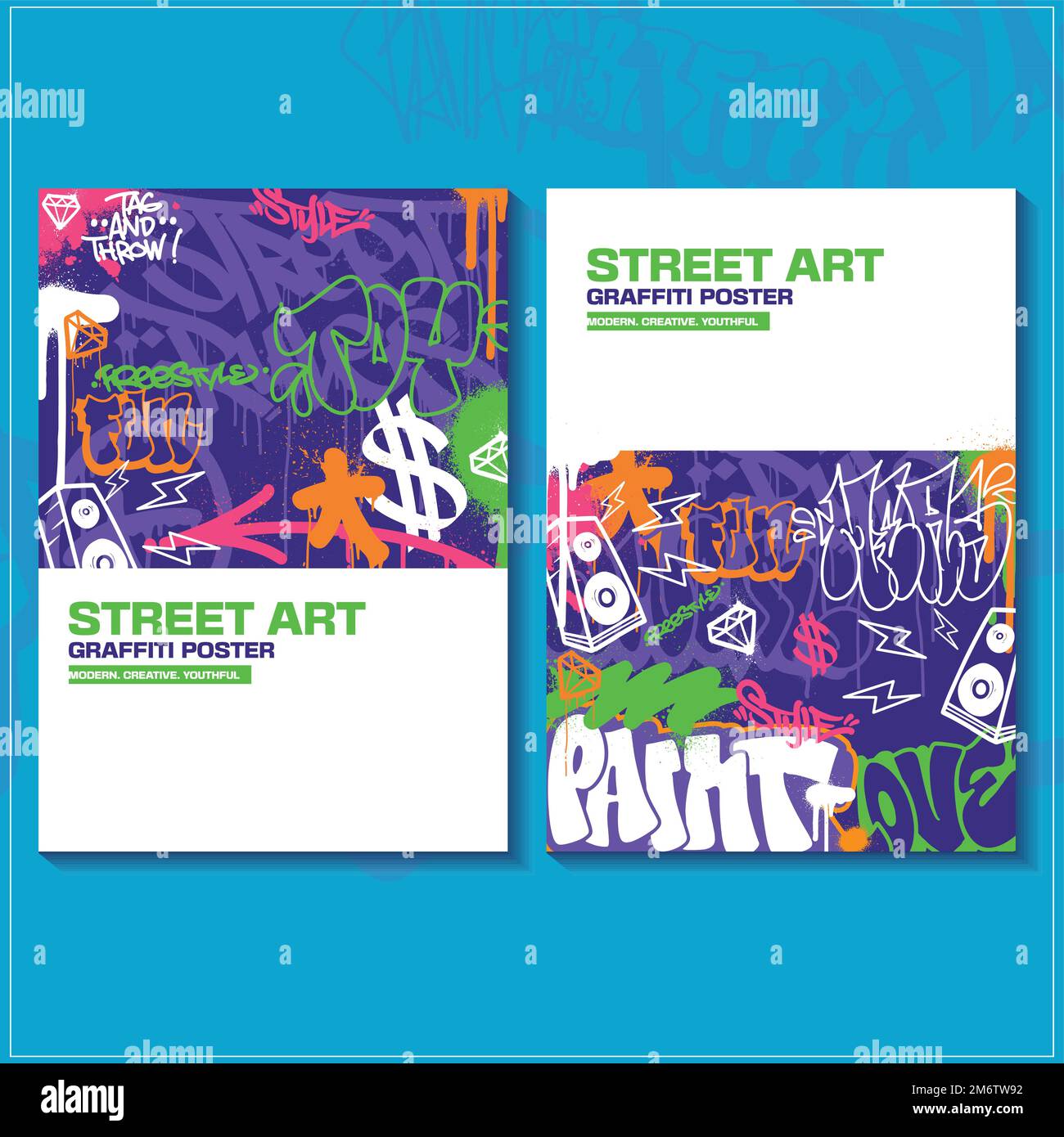 Affiche ou prospectus d'art graffiti moderne avec étiquettes colorées, jetez vers le haut. Dessin à la main de l'illustration du graffiti abstrait vecteur dans le thème de l'art de rue Illustration de Vecteur