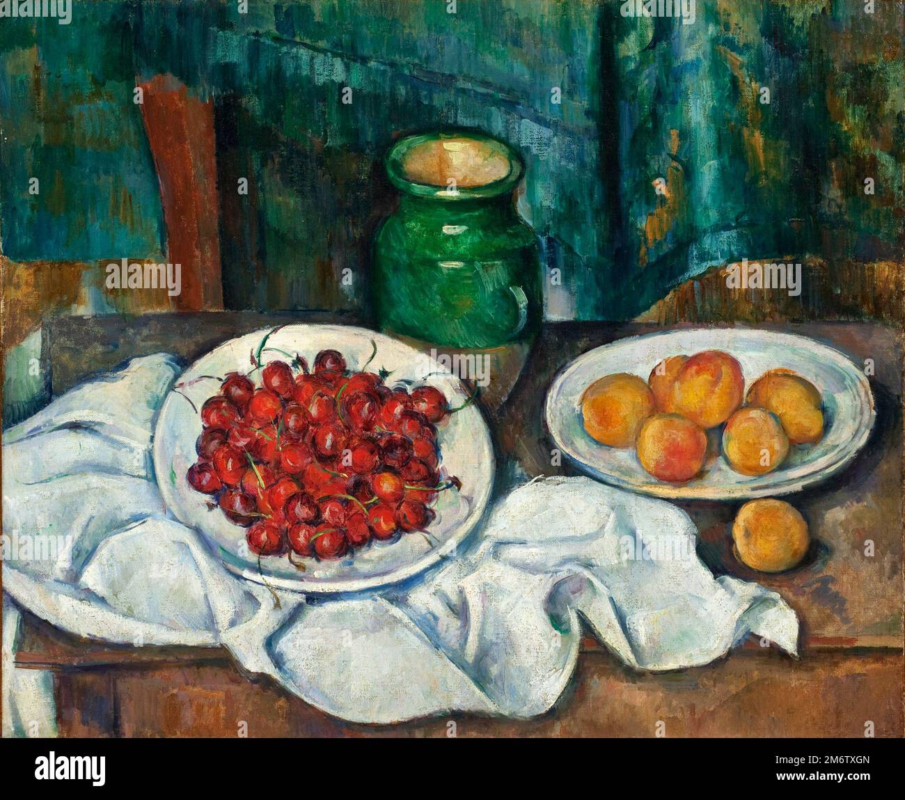 Encore la vie avec Cherries et Peaches, peint par l'impressionniste français Paul Cézanne en 1885 Banque D'Images