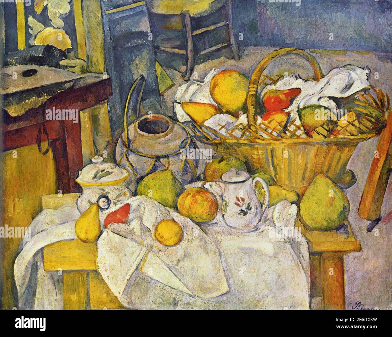 La Table de cuisine (encore la vie avec panier de fruits) peinte par l'impressionniste français Paul Cézanne en 1888 Banque D'Images