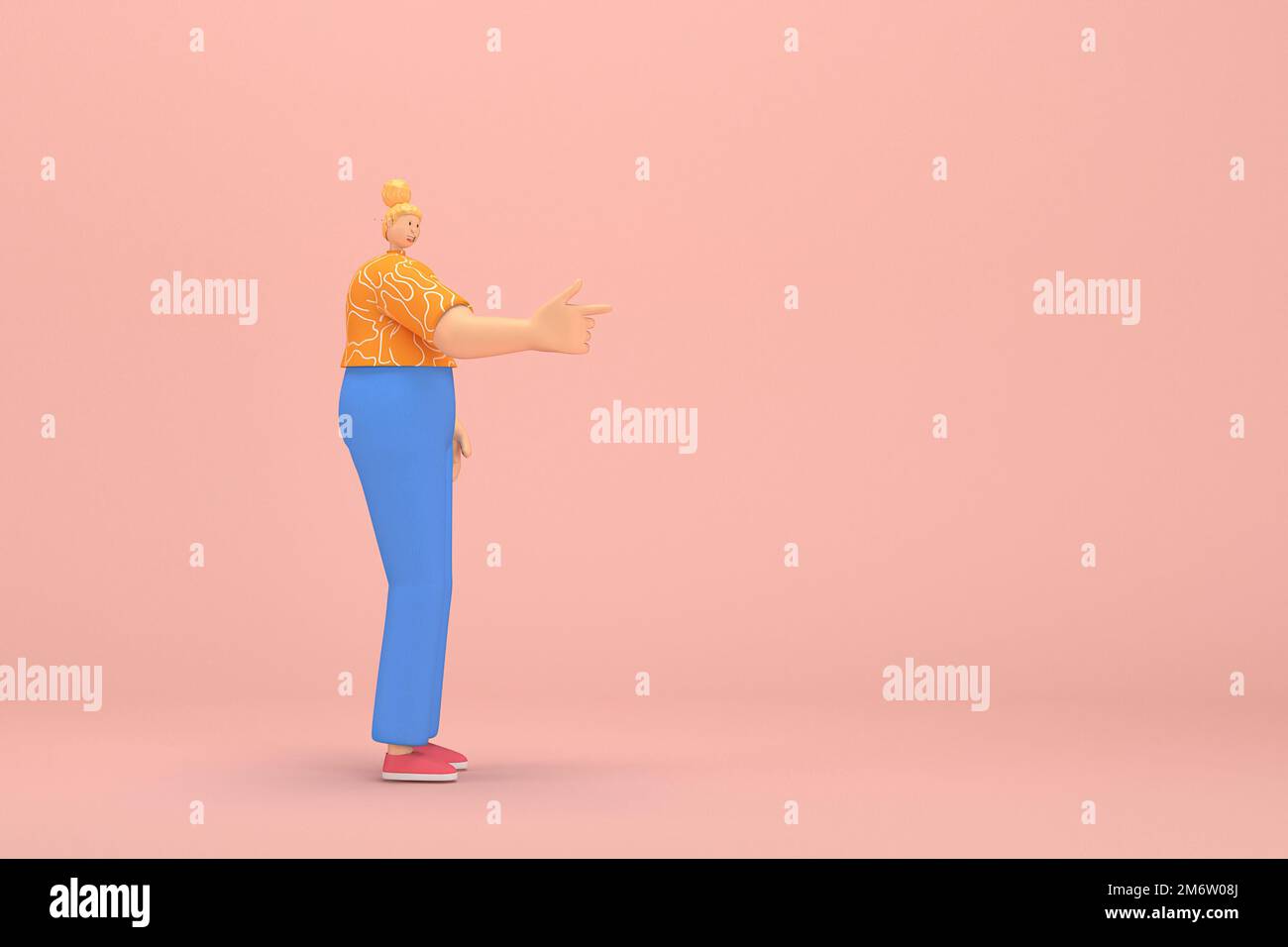 La femme aux cheveux dorés attachée dans un petit pain portant un pantalon en velours côtelé bleu et un t-shirt orange à rayures blanches. Elle est expression o Banque D'Images