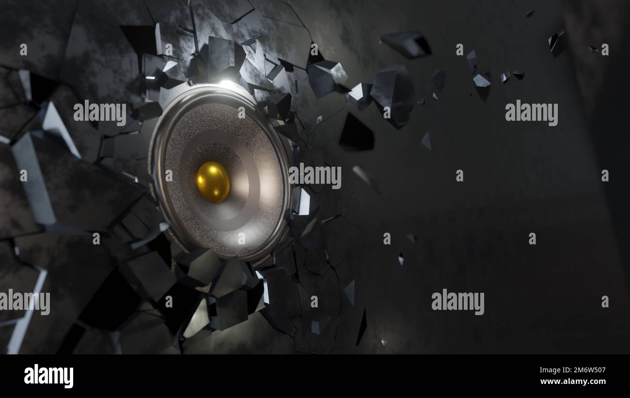 Le haut-parleur de musique se brise par le mur métallique Banque D'Images