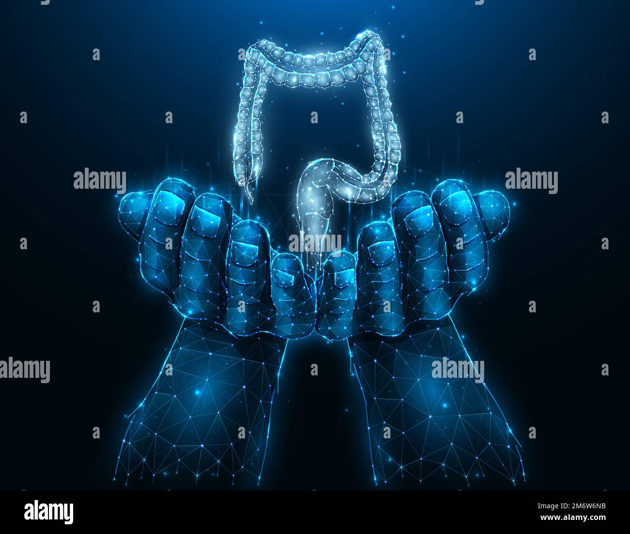 Donneur de côlon ou de gros intestin. Illustration vectorielle polygonale d'une main avec un gros intestin humain. Bannière médicale, modèle o Banque D'Images