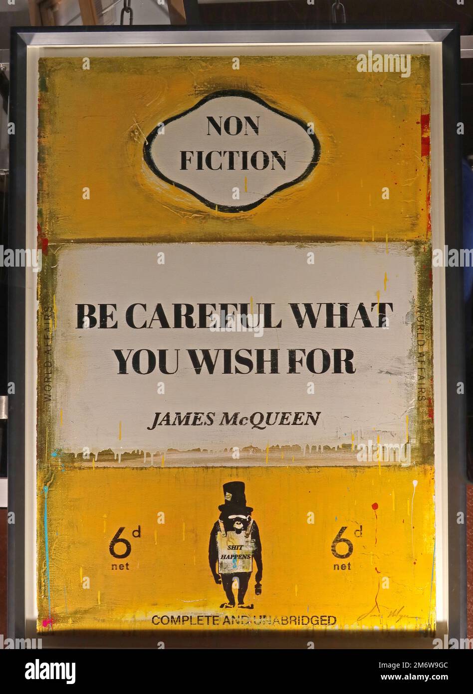 Couverture de livre jaune encadrée de James McQueen, attention ce que vous souhaitez, 6d, pingouin, non-Fiction Banque D'Images