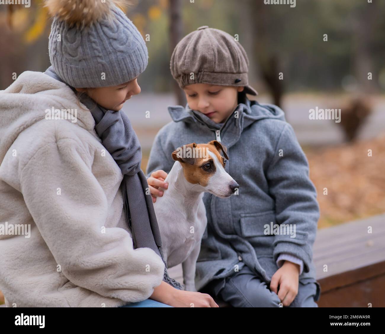 Frère et sœur s'assoient dans une étreinte avec un chien sur un banc pour une promenade dans le parc d'automne. Garçon, fille et Jack russell terrier. Banque D'Images Frère et sœur s'assoient dans une étreinte avec un chien sur un banc pour une promenade dans le parc d'automne. Garçon, fille et Jack russell terrier. Banque D'Images