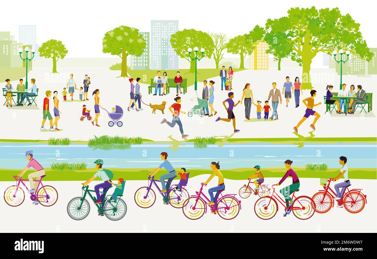 Sports et loisirs dans le parc et les cyclistes, illustration Banque D'Images