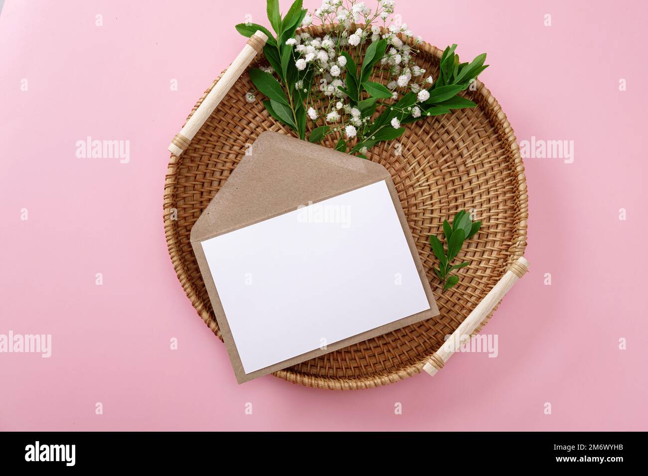 Carte de vœux vierge et enveloppe avec gitsophila sur fond rose. Carte papier vierge avec espace de copie maquette. Travail minimal Banque D'Images
