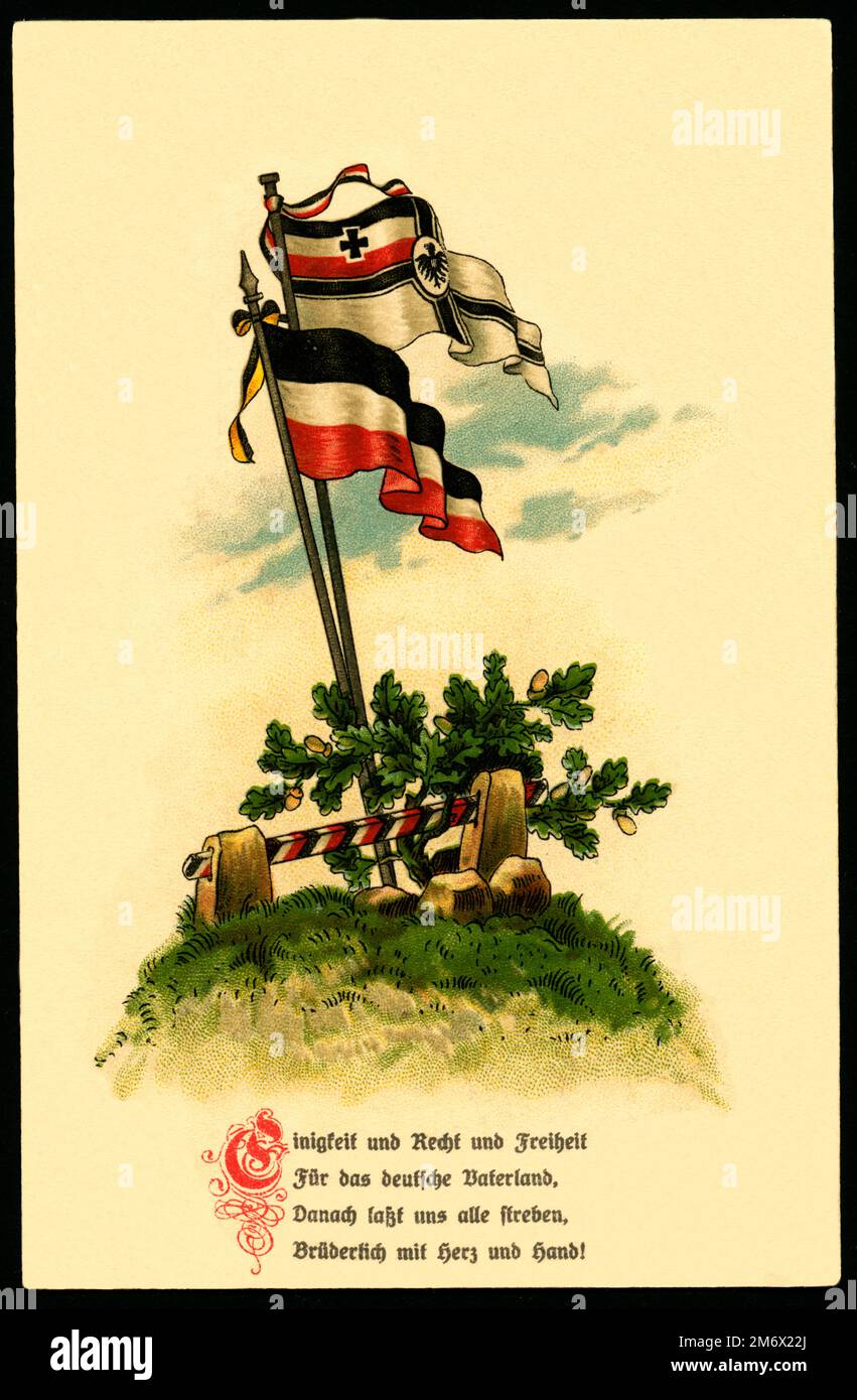 Europa, Deutschland, Schleswig-Holstein, Gammellund, 1. Weltkrieg, Propaganda, patriotische Postkarte mit der Reichskriegsflagge und der schwarz-weiß-roten Flagge und der Nationalhymne, verschicht am 21. 09. 1915 , Rechte werden nicht vertreten . / Europe, Allemagne, Schleswig-Holstein, Gammellund, WW I , Propagande, carte postale patriotique avec le Reichskriegsflagge et le drapeau noir-blanc-rouge avec l'hymne national de l'Allemagne , envoyé 21. 09. 1915 , il n'y a pas de droits. Banque D'Images