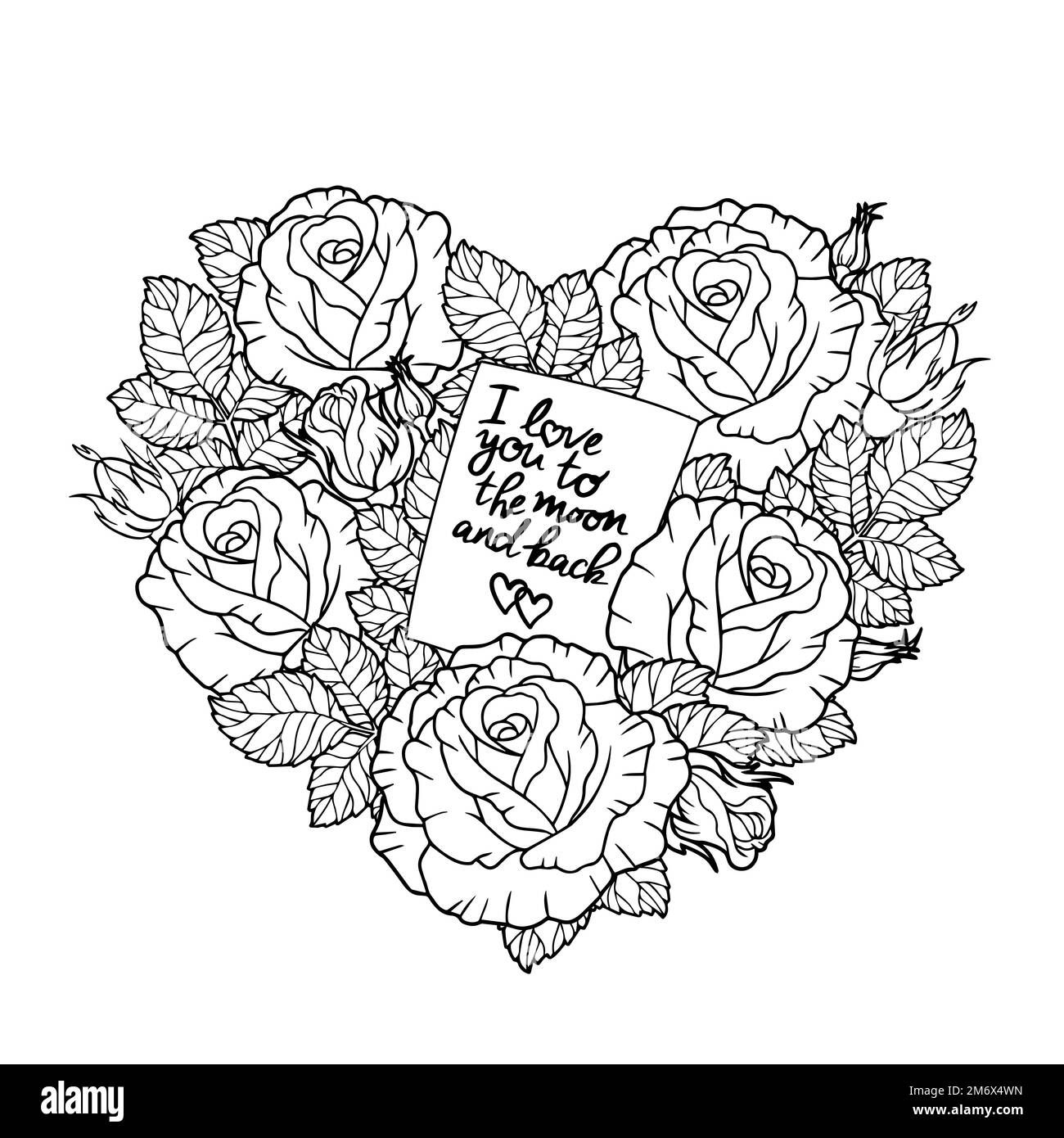 Fleurs roses en forme de coeur avec un message d'amour. Livre de coloriage vectoriel anti-stress pour les enfants et les adultes. Illustration du dessin à la main isolée sur Illustration de Vecteur