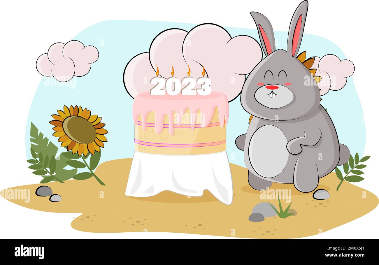 Un joli lapin a fait un gâteau pour 2023 et a décidé de traiter tous les animaux de la forêt Illustration de Vecteur