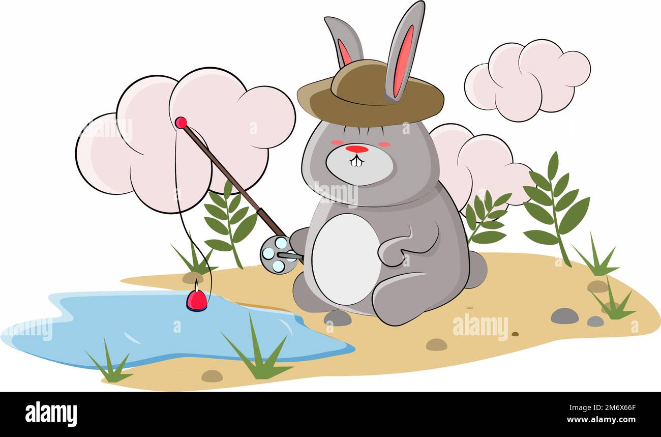 Mignon lapin est la pêche sur le lac près de la maison Illustration de Vecteur