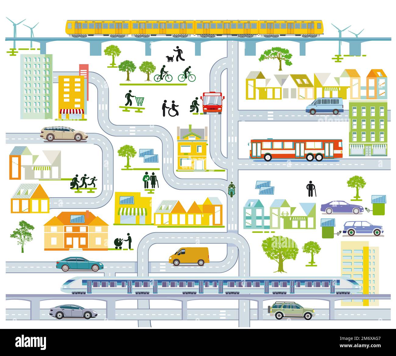 Carte de la ville avec circulation et maisons, illustration des informations Banque D'Images