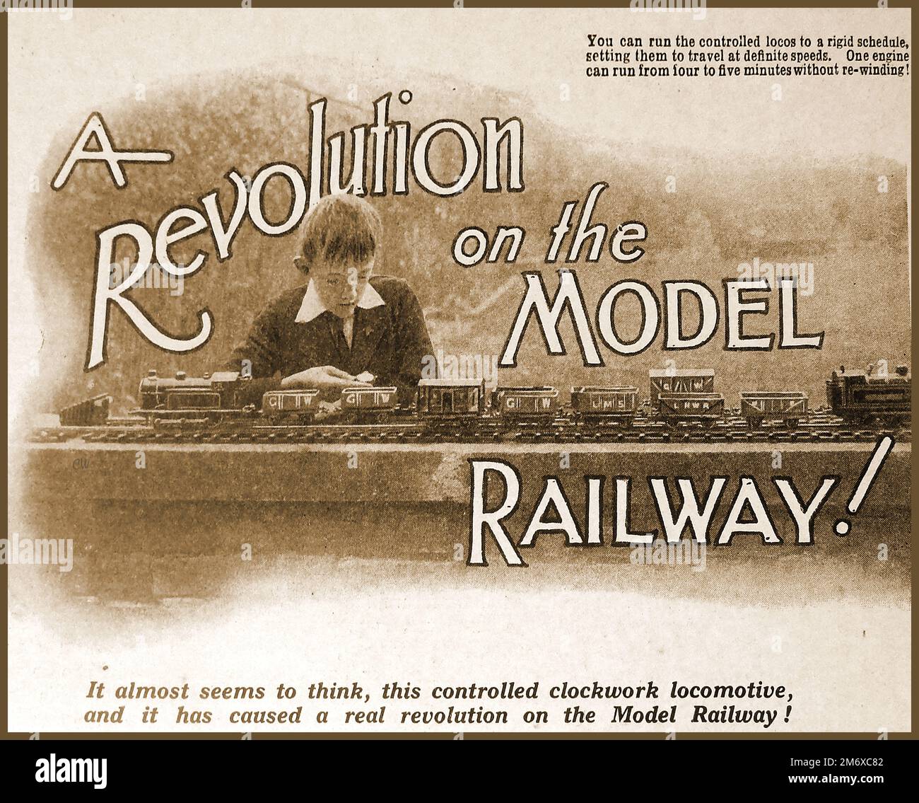 Une illustration de 1930 déclarant les modèles révolutionnaires de chemins de fer motorisés. Banque D'Images