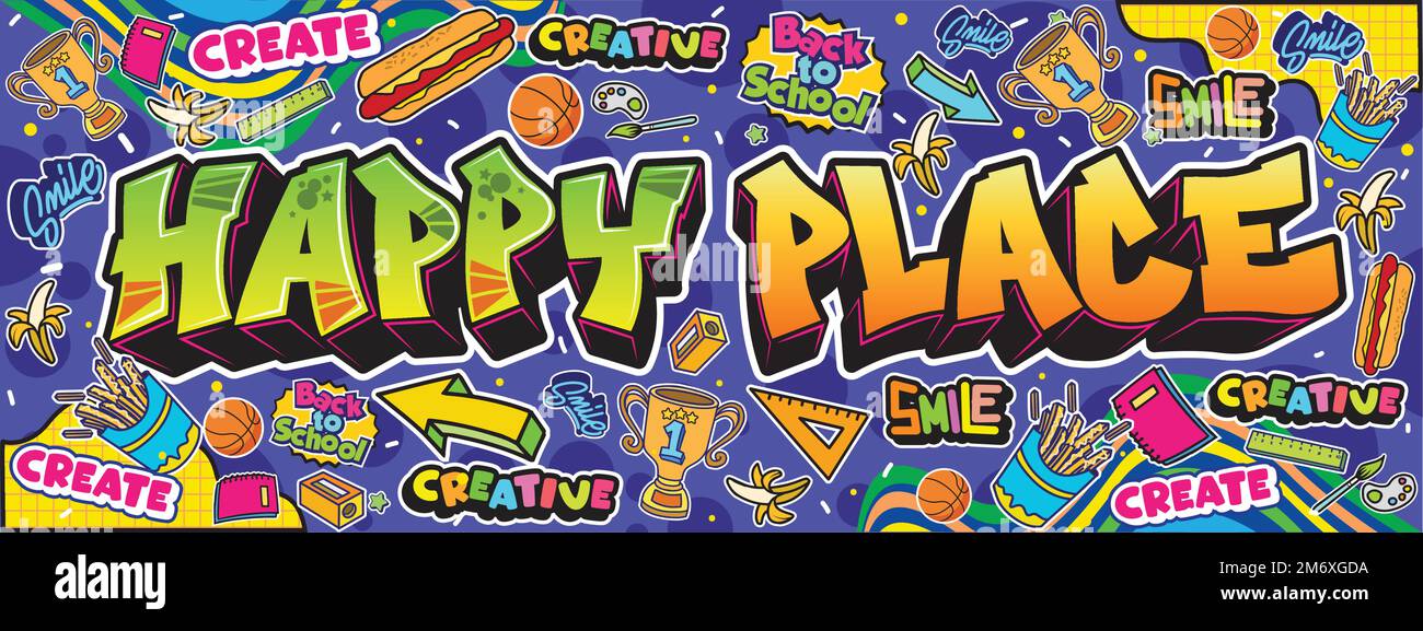Happy Family Words Wall art dans le thème de l'art urbain de rue graffiti. Illustration colorée et mignonne. Design typographique Happy Family et Happy place Illustration de Vecteur