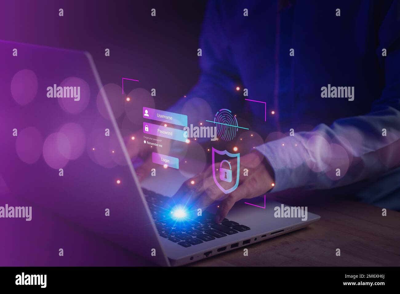 Nom d'utilisateur et mot de passe (Login) pour la technologie cyber sécurité Internet et système de réseau. Ordinateur portable homme d'affaires dactylographiant à la main (ordinateur portable). Chiffrement, bio Banque D'Images