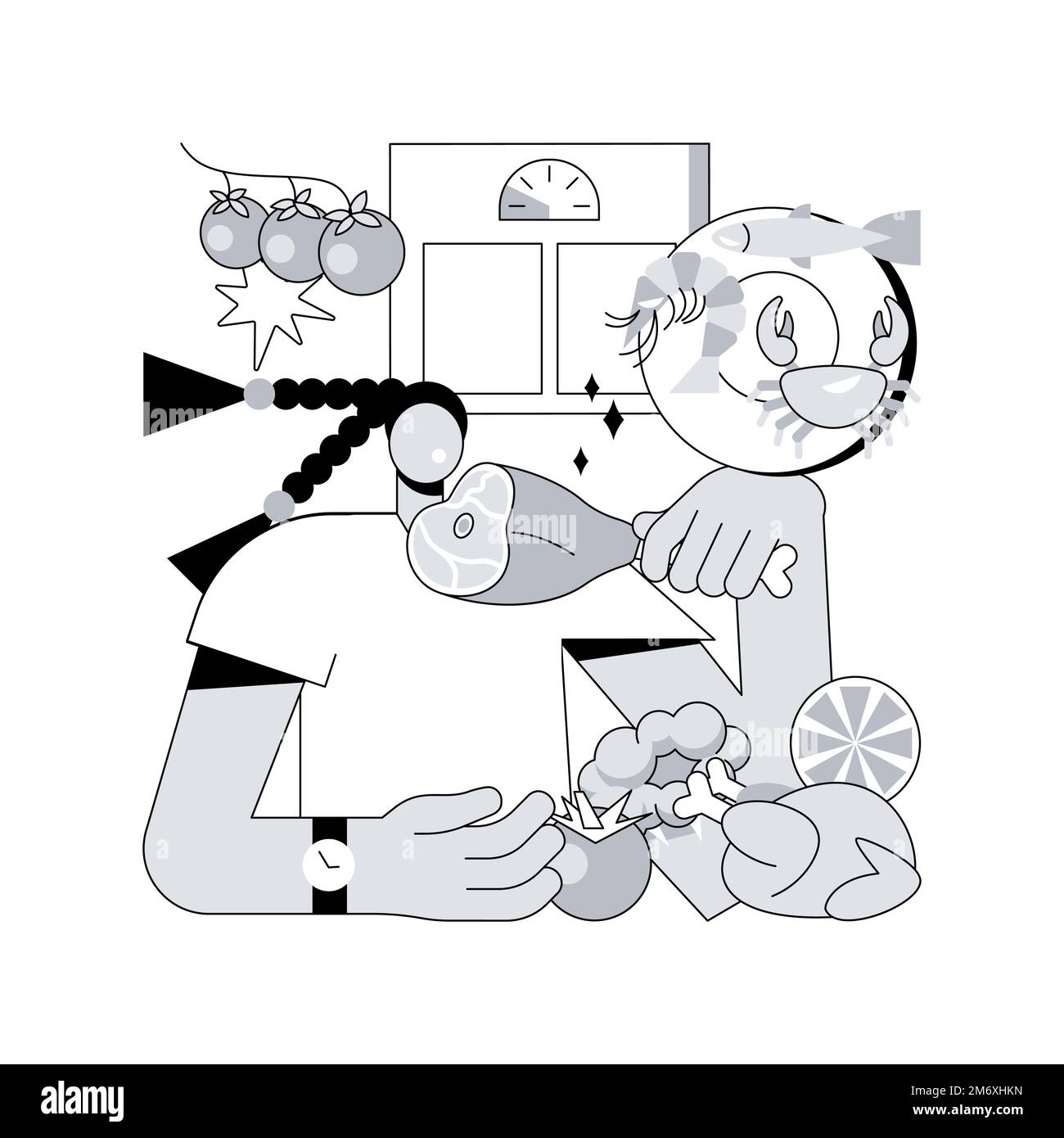 Illustration vectorielle de concept abstrait Paleo Diet. Perte de poids, salade de légumes frais, nourriture biologique saine, poisson non cuit, assiette végétarienne, healt Illustration de Vecteur