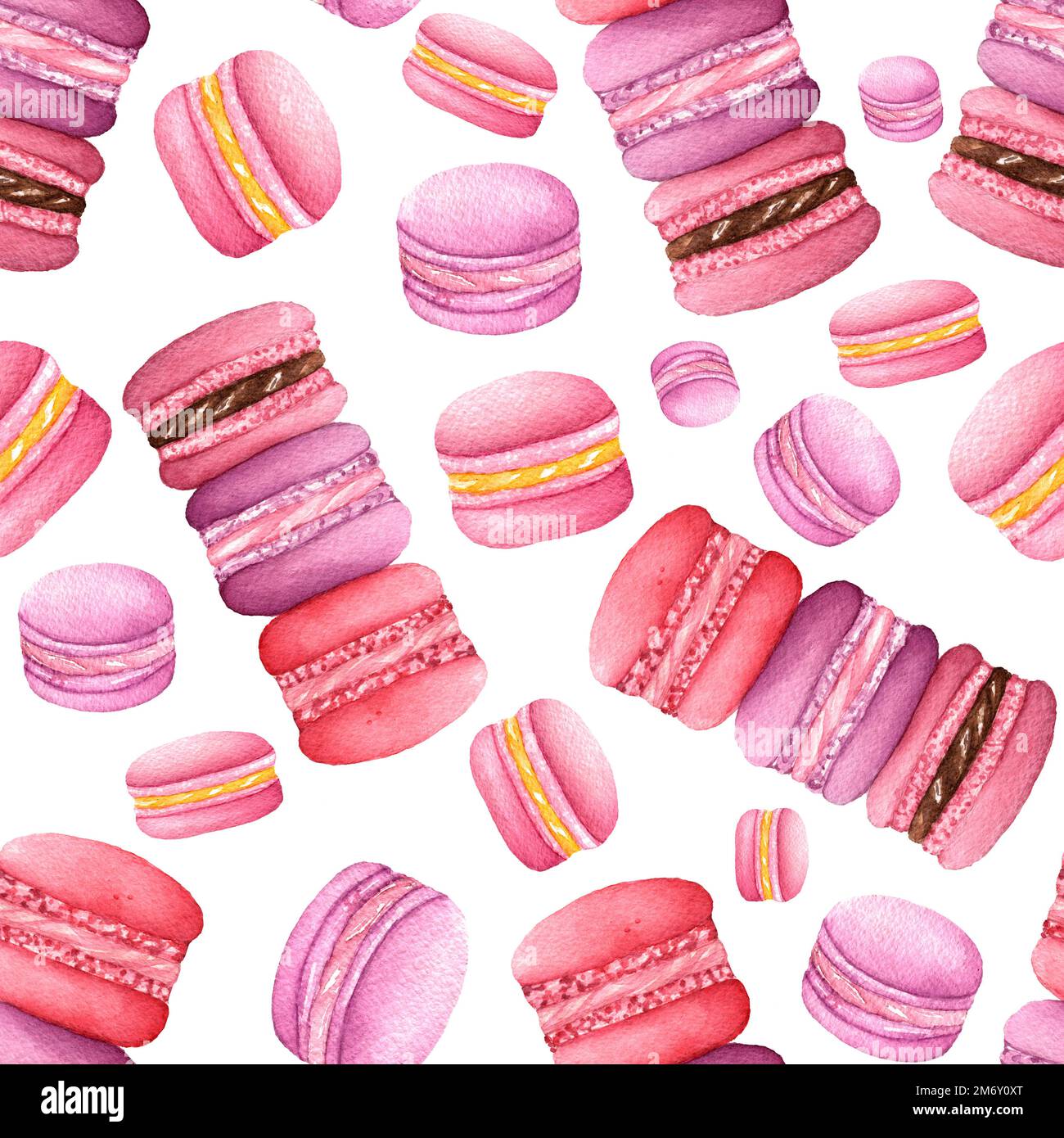 Motif de l'aquarelle différents goût macarons, collection de la variation coloré cookies français. Objets alimentaires peints à la main isolés sur fond blanc Banque D'Images