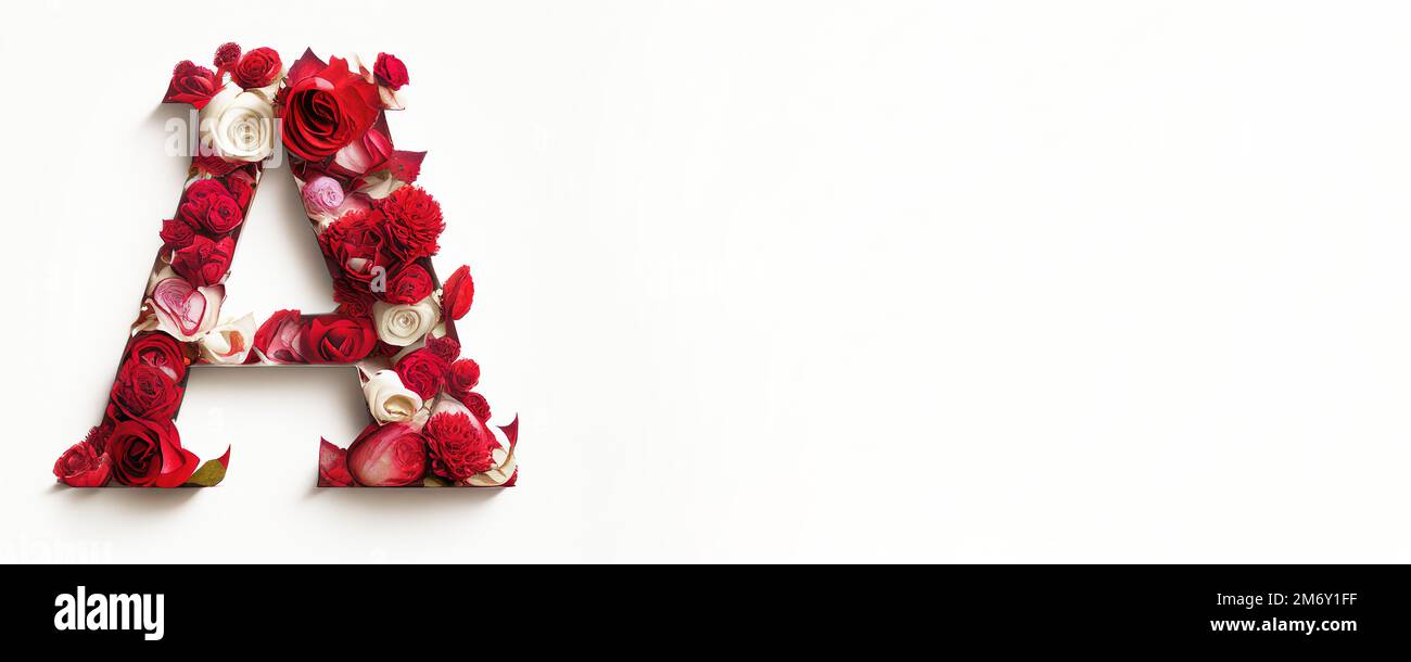 Fleur décorée D'une lettre remplie de roses rouges et en gras sur fond blanc propre et dans des couleurs rouge foncé. Banque D'Images