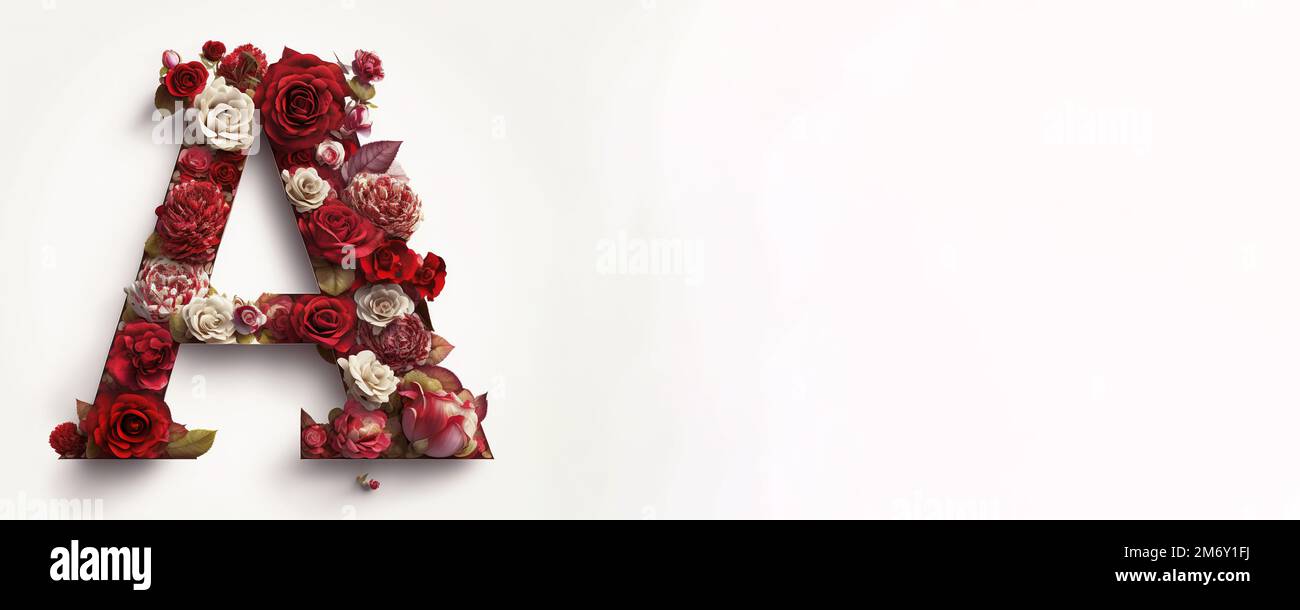Fleur décorée D'une lettre remplie de roses rouges et en gras sur fond blanc propre et dans des couleurs rouge foncé. Banque D'Images Fleur décorée D'une lettre remplie de roses rouges et en gras sur fond blanc propre et dans des couleurs rouge foncé. Banque D'Images