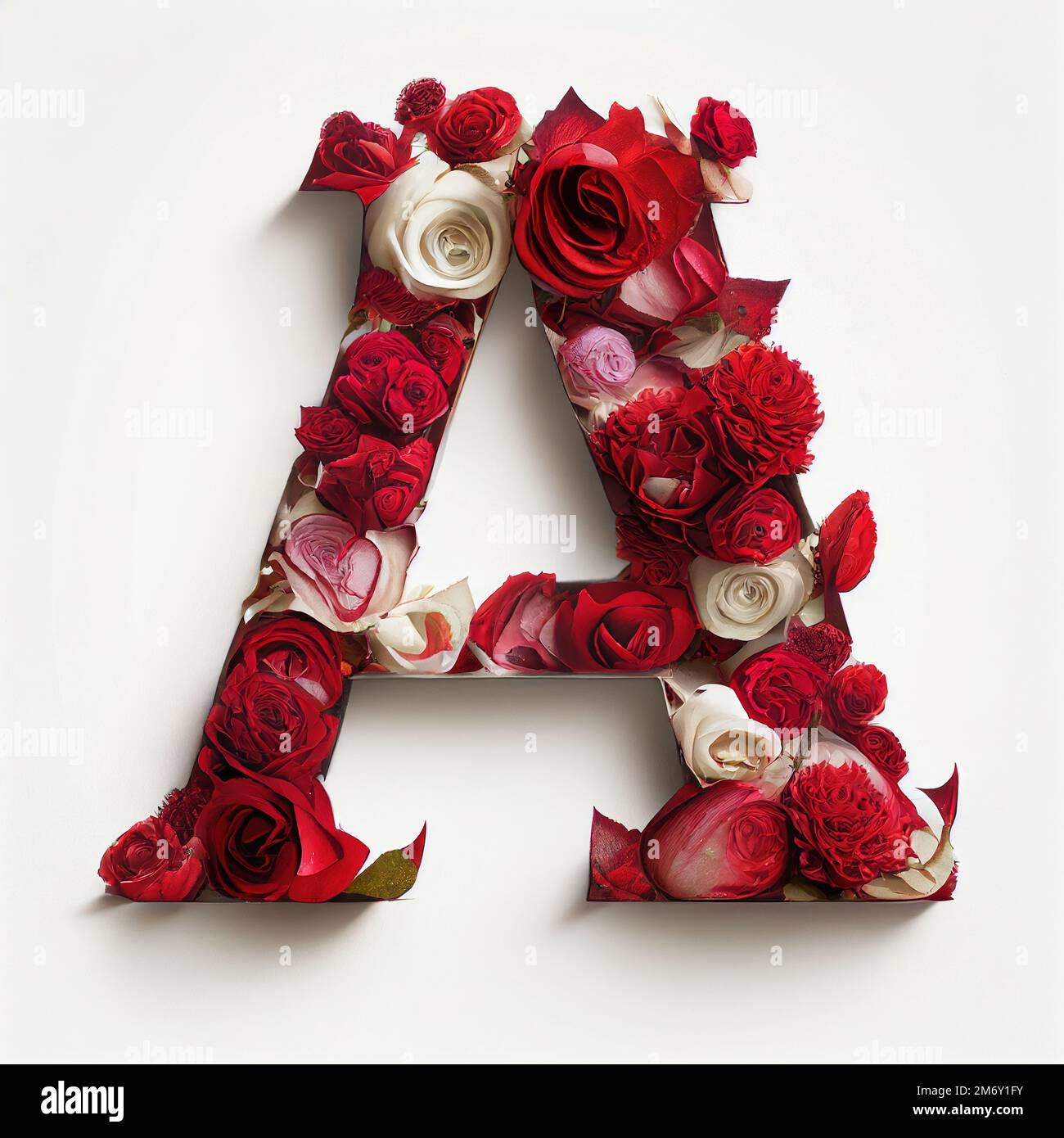 Fleur décorée D'une lettre remplie de roses rouges et en gras sur fond blanc propre et dans des couleurs rouge foncé. Banque D'Images