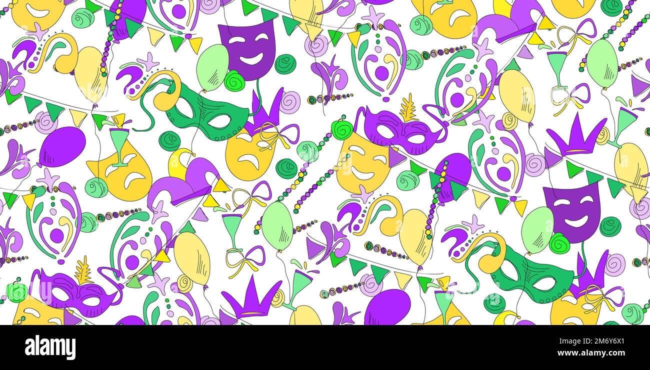 Des symboles Mardi gras colorés dessinés à la main. Carnival Party sans coutures. Décoration mascarade. Fête Mardi gras des fêtes. Design pour Carnaval, M Illustration de Vecteur