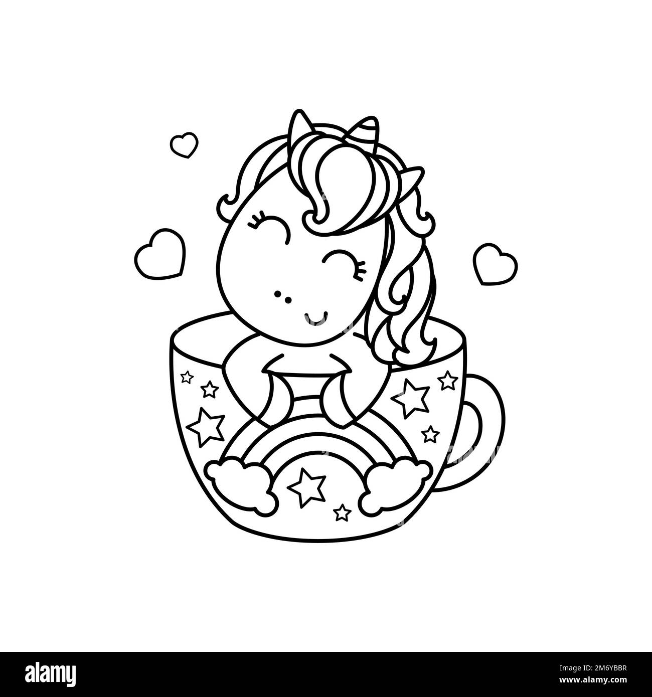 Une jolie licorne dans une tasse de thé. Image linéaire noir et blanc. Vecteur Illustration de Vecteur