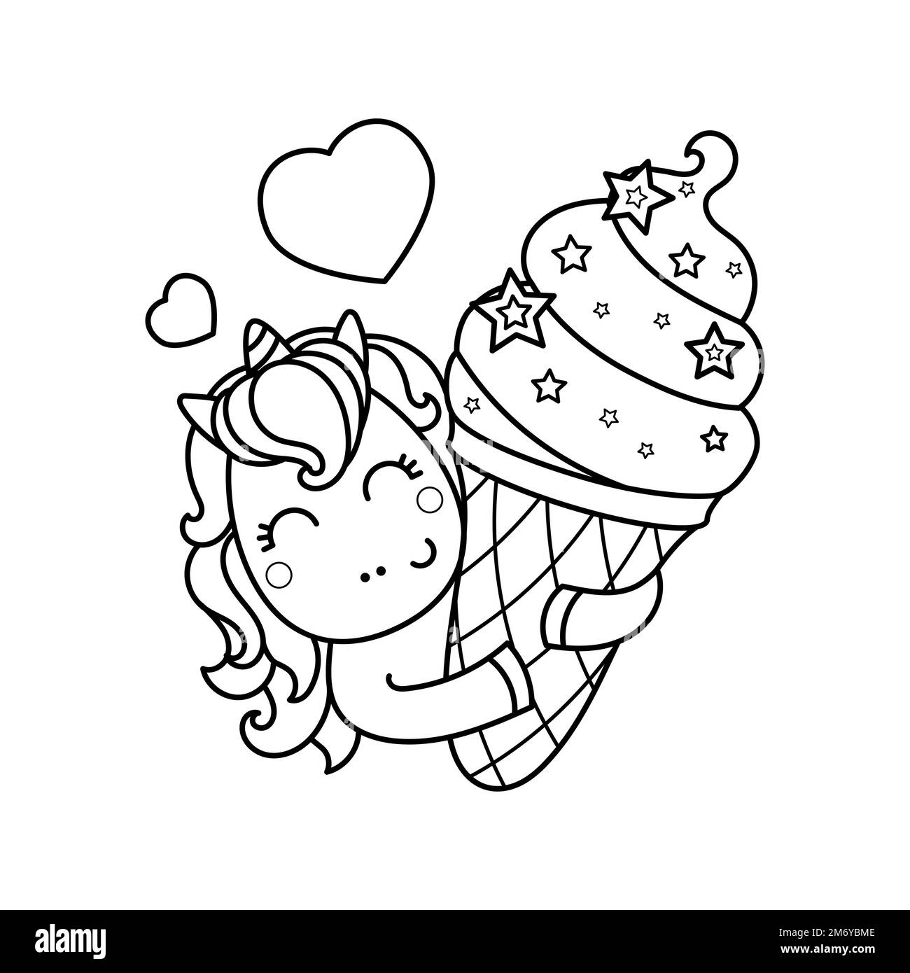 Une licorne amusante avec de la crème glacée. Image linéaire noir et blanc. Vecteur Illustration de Vecteur