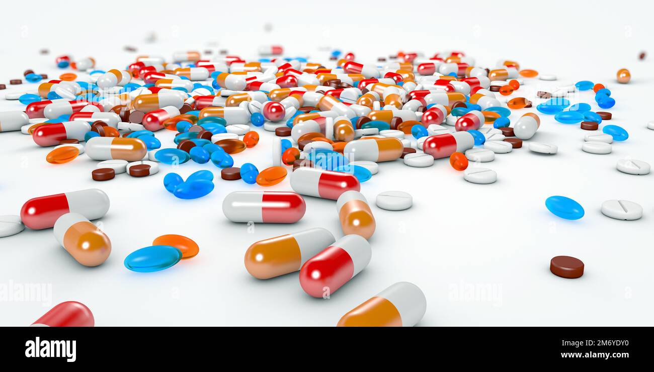 Beaucoup de capsules, pilules et comprimés de médicaments et de suppléments alimentaires - 3D illustration Banque D'Images