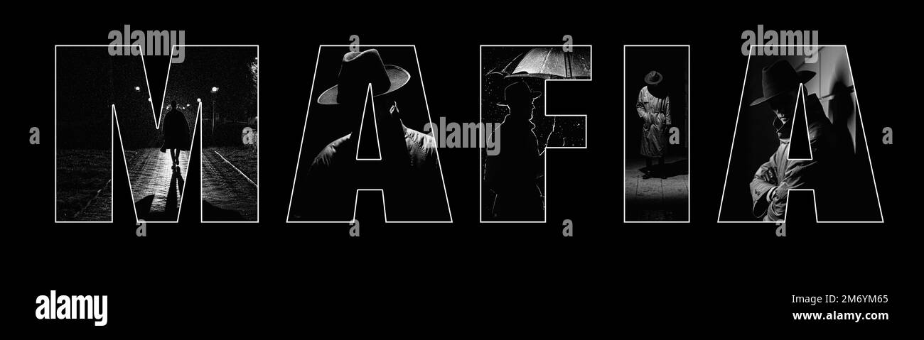Inscription Mafia sur fond blanc. Collage avec un criminel dans un manteau et un chapeau dans une ville pluvieuse la nuit dans le style noir Banque D'Images