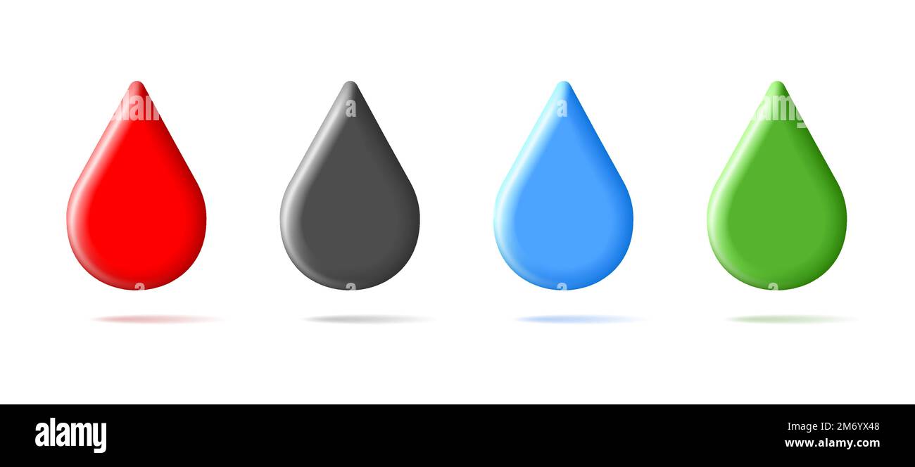 3d icônes de gouttes, formes de volume brillant dans différentes couleurs comme le sang d'eau et l'huile et vert écologique, isolé Illustration de Vecteur