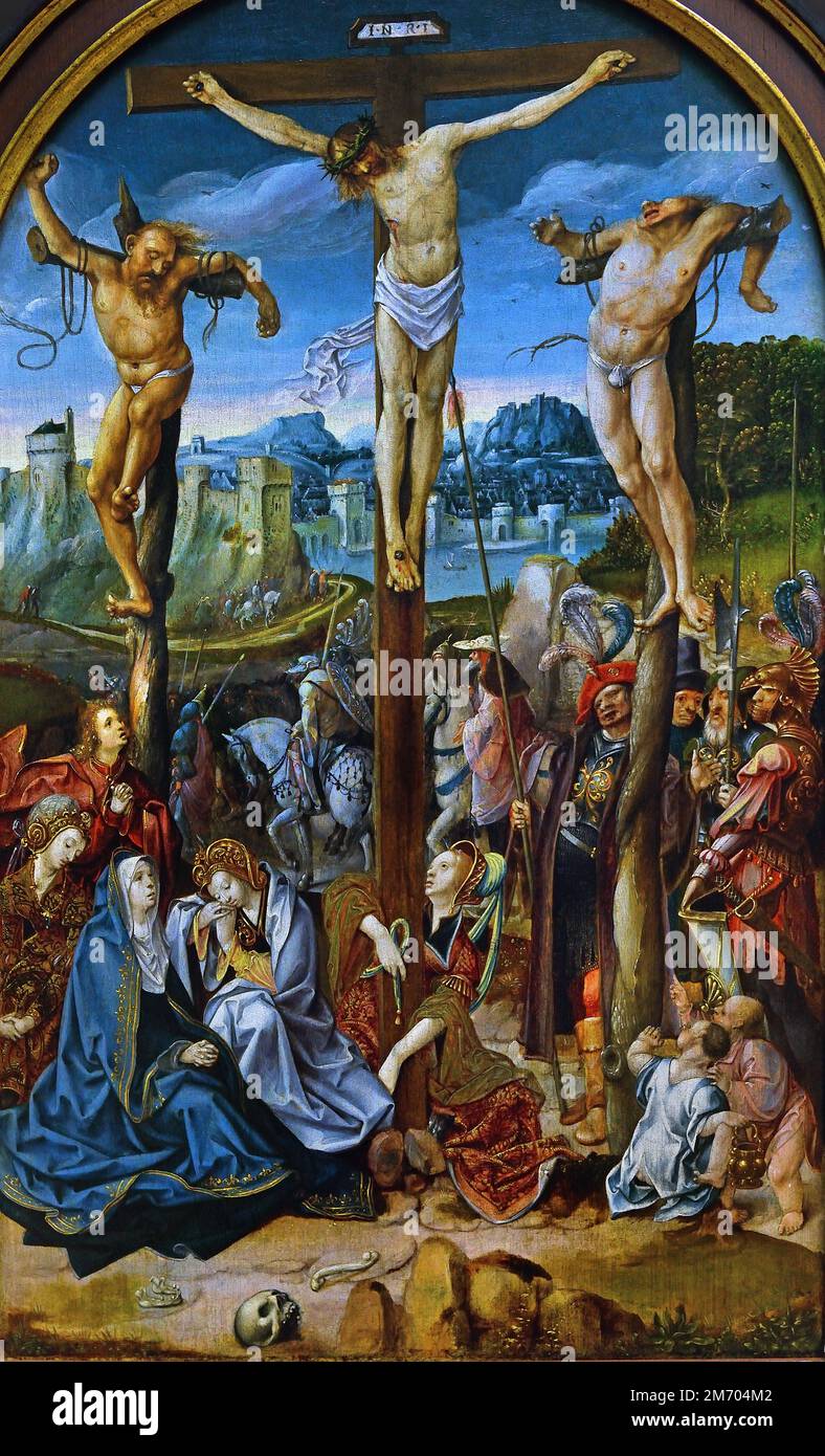 Le Triptyque de la Crucifixion, huile sur panneau (1520-1527) par Cornelis Engebrechtsz et atelier. École néerlandaise primitive. Kunstmuseum Bâle, Suisse. Banque D'Images