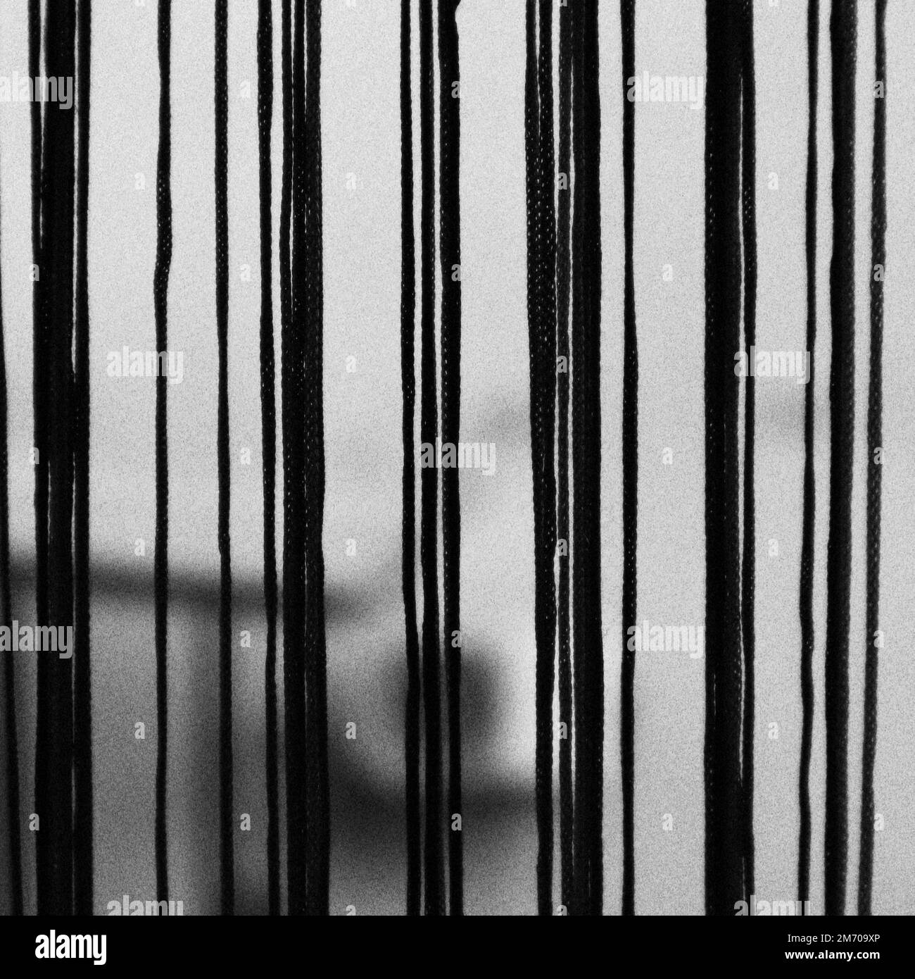 Un gros plan d'un rideau de ficelle avec l'extérieur hors foyer Banque D'Images