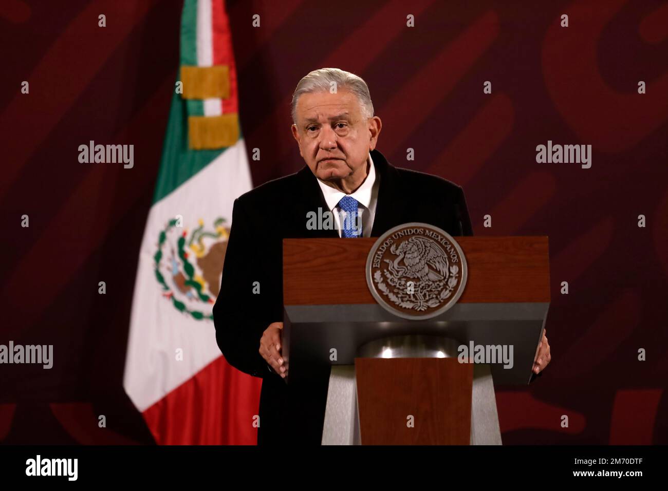 Mexico, Mexique. 06th janvier 2023. 6 janvier 2023, Mexico, Mexique: Le Président mexicain Andres Manuel Lopez Obrador au rapport sur la capture du trafiquant de drogue Ovidio Guzman Lopez, fils de Joaquin 'El Chapo' Guzman Lopez, devant des journalistes au Palais national de Mexico en provenance du Mexique. Sur 6 janvier 2023 à Mexico, Mexique. (Photo de Luis Barron/Eyepix Group/Sipa USA). Credit: SIPA USA/Alay Live News Banque D'Images