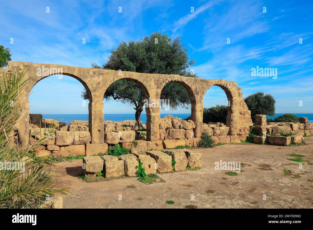Ruines anciennes de Tipasa romaine avec la belle vue sur la côte méditerranéenne près de la ville de Tipaza, en Algérie Banque D'Images