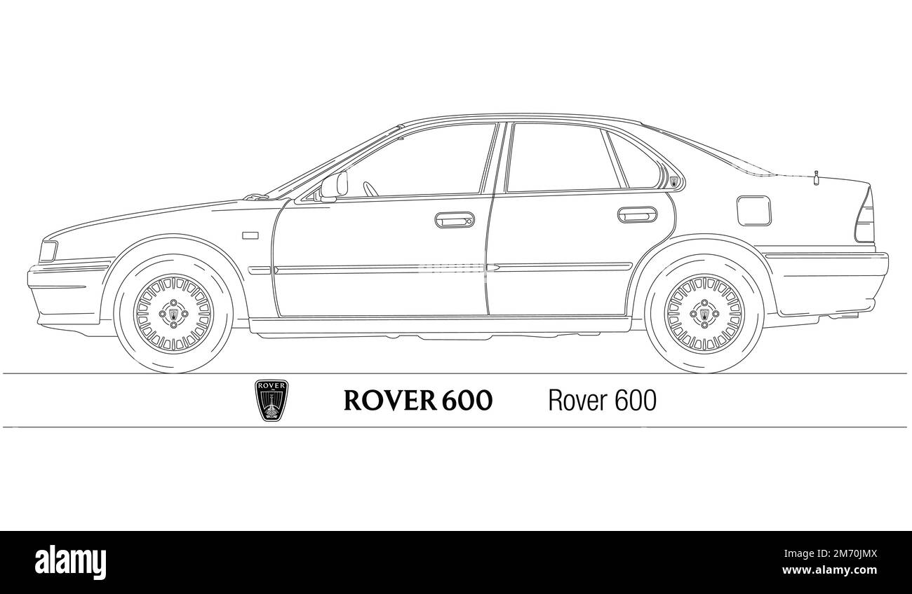 Royaume-Uni, année 1993, voiture classique d'époque Rover 600, illustration de silhouette sur fond blanc Banque D'Images