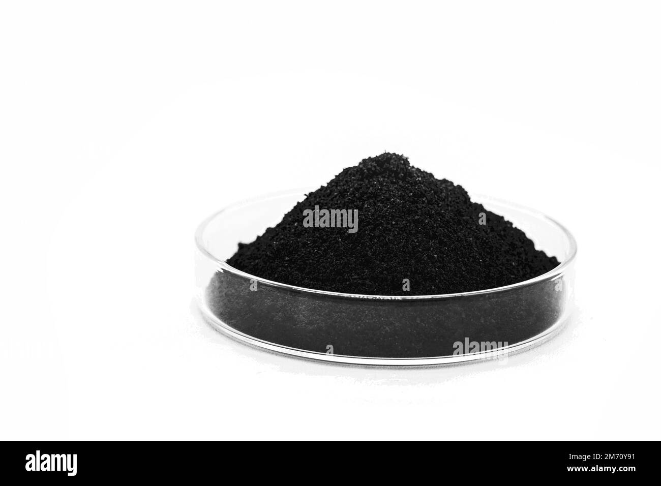 Boîte de Pétri avec poudre de graphène, matériau léger, conducteur électrique, rigide et étanche. Banque D'Images