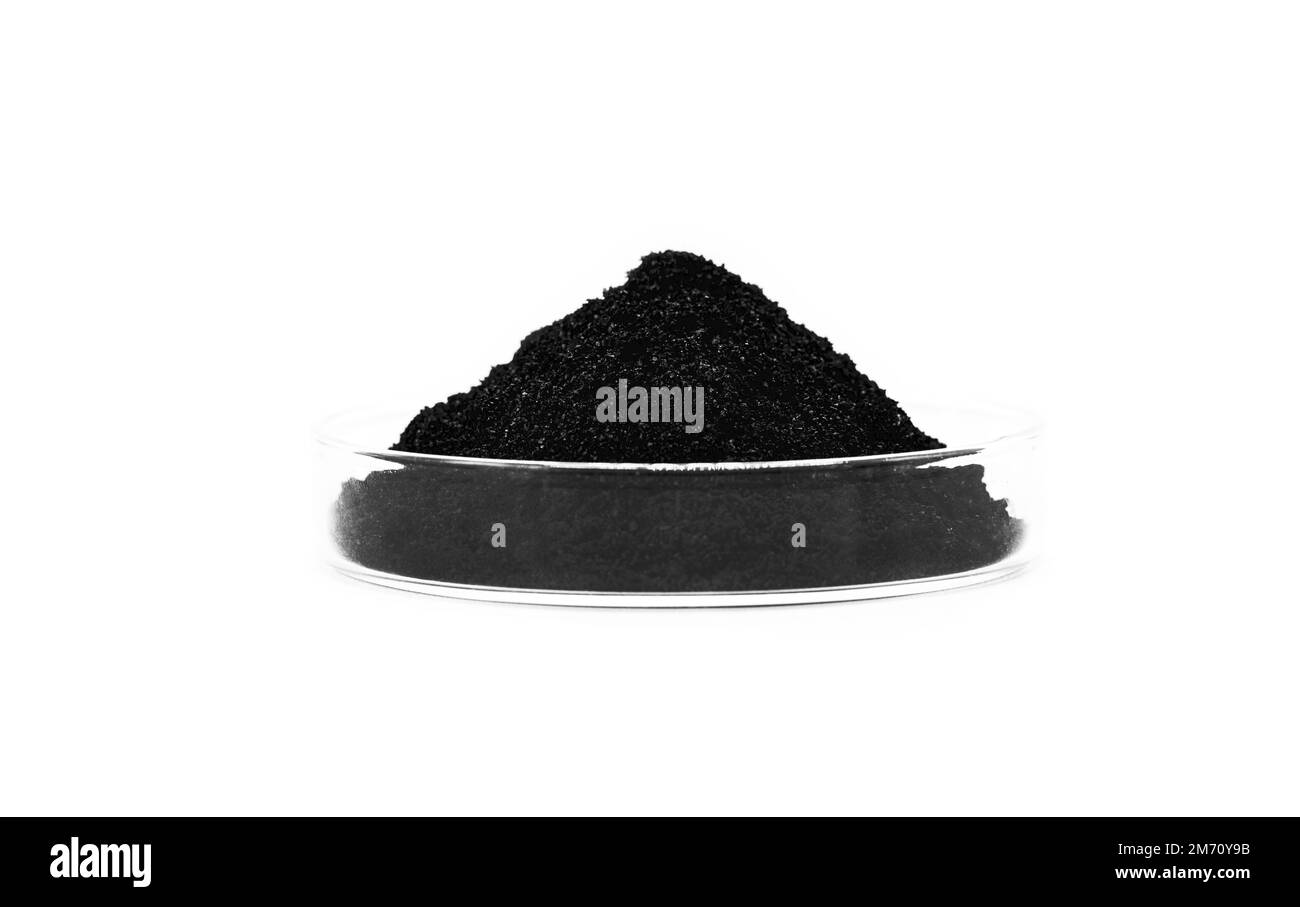 Boîte de Pétri avec poudre de graphène, matériau léger, conducteur électrique, rigide et étanche. Banque D'Images