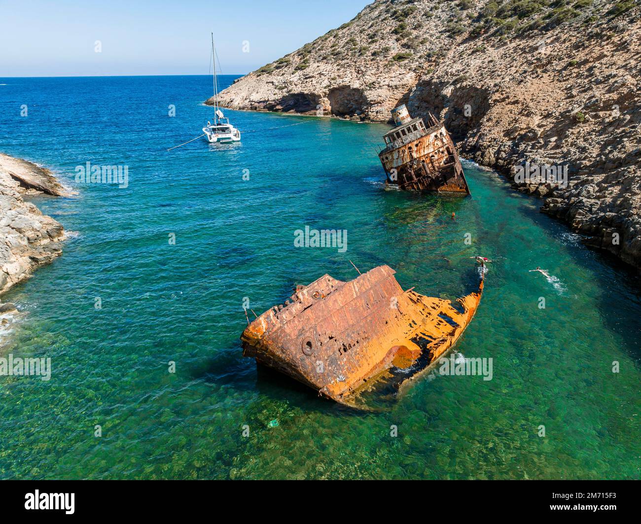 Vue aérienne, Shipwreck Olympia, Amorgos, Cyclades, Mer Egéé, Grèce Banque D'Images