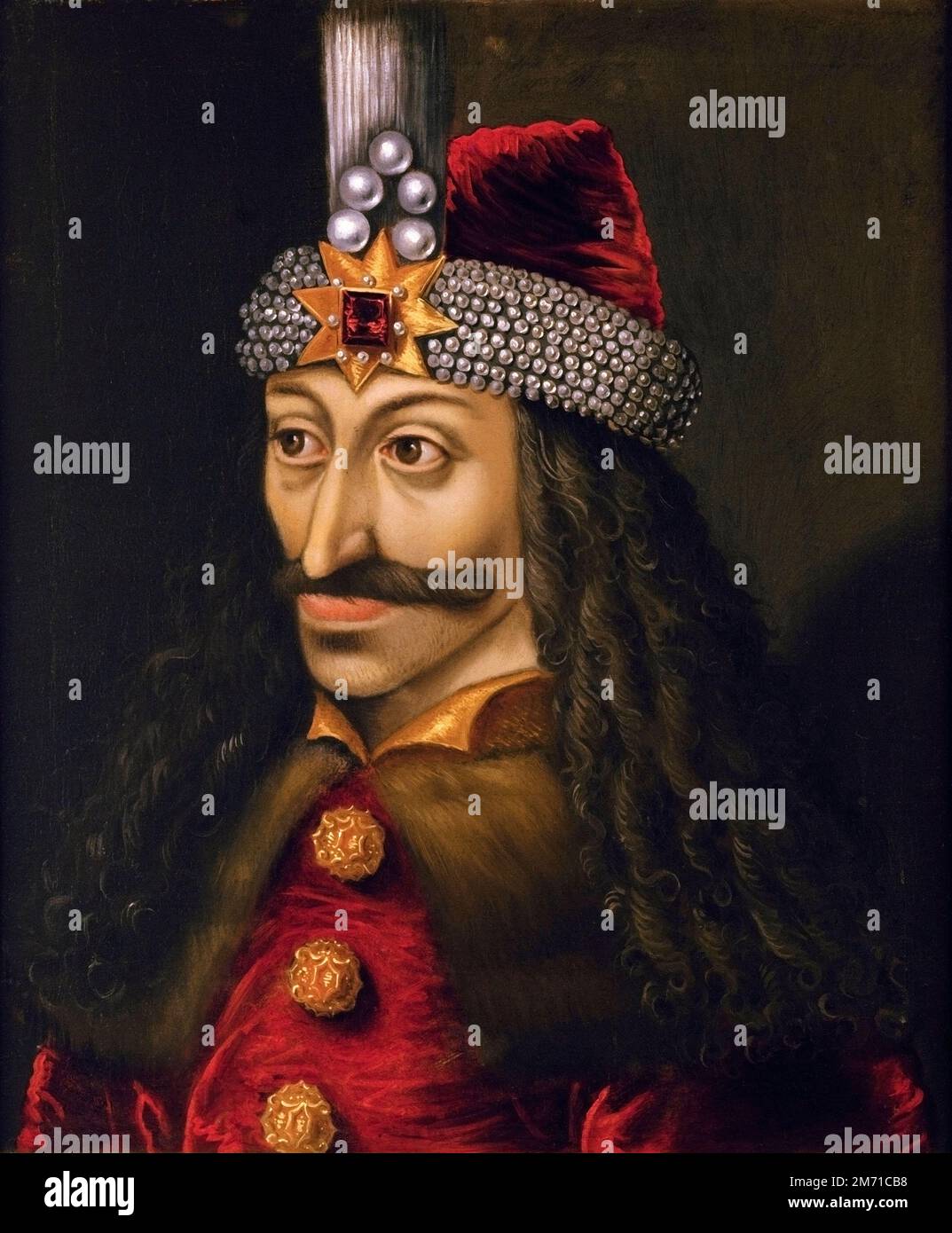 Vlad Ţepeş, connu sous le nom de Vlad l'Impaler, prince de Valachie 1456-1462. Peint au 16th siècle par un artiste inconnu. Il aurait été l'une des inspirations de Dracula de Bram Stoker. Banque D'Images