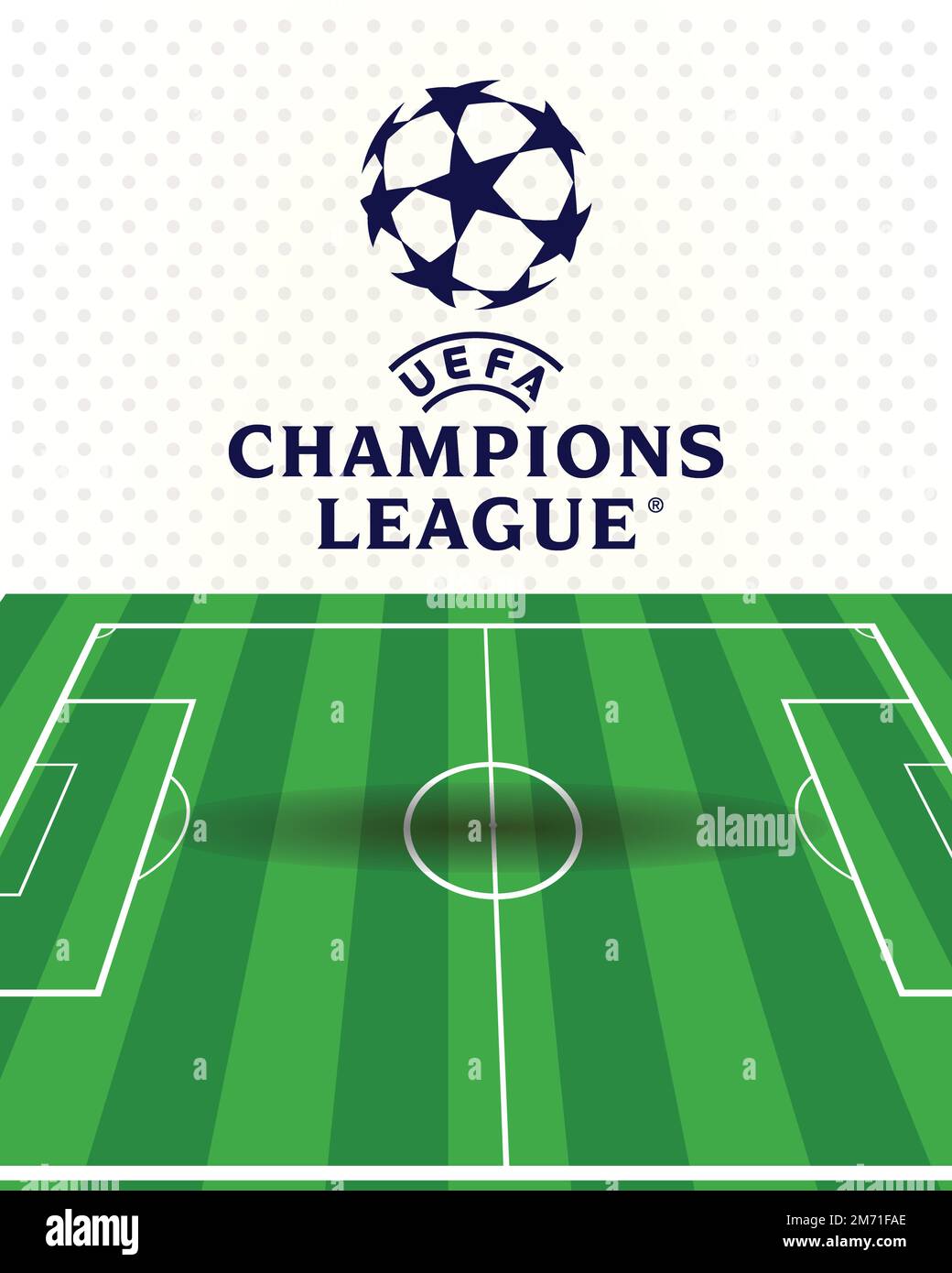 Logo de la Ligue des champions de l'UEFA sur fond blanc et terrain vert, meilleurs clubs professionnels de première division du système européen de ligue de football : Colombo, SRL Illustration de Vecteur