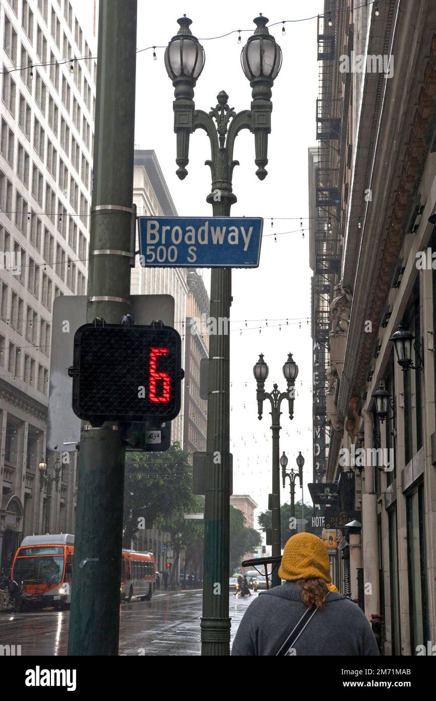Jour de pluie dans le centre-ville de Los Angeles, CA Banque D'Images