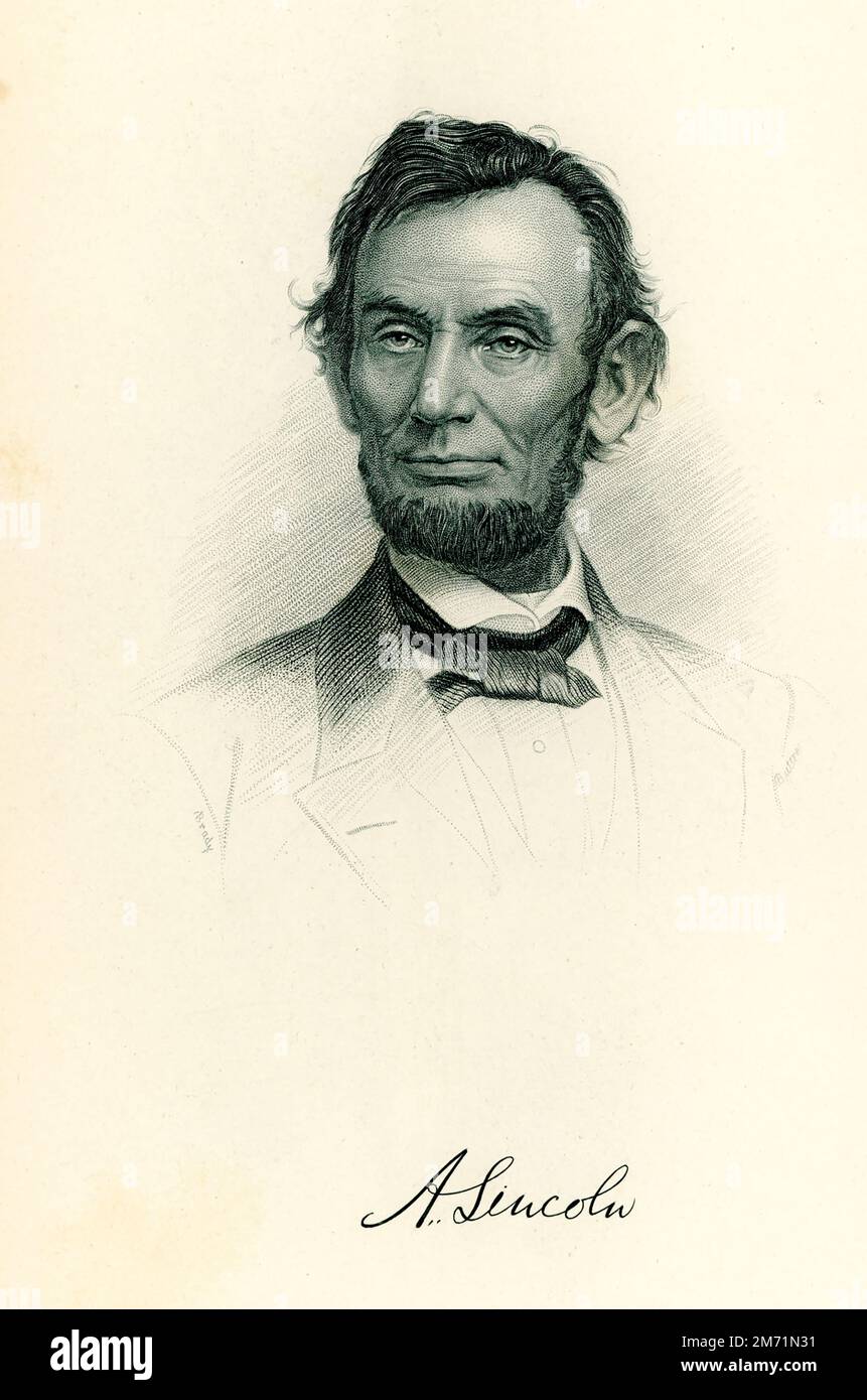 Cette illustration est signée par Matthew Brady. Abraham Lincoln était le président des États-Unis en 16th. Il a servi de mars 1861 à son assassinat sur 15 avril 1865. Mathew B. Brady (décédé en 1896) était l'un des premiers photographes de l'histoire américaine. Plus connu pour ses scènes de la guerre civile, il a étudié sous la direction de l'inventeur Samuel Morse, qui a été le pionnier de la technique du daguerréotype en Amérique. Banque D'Images