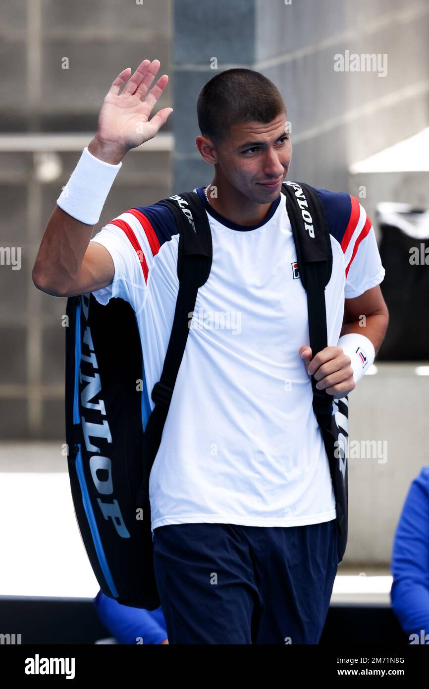 Adélaïde, Australie, 6 janvier 2023. Alexei Popyrin d'Australie pendant le match de tennis international d'Adélaïde entre Yoshihito Nishioka du Japon et Alexei Popyrin d'Australie à Memorial Drive sur 06 janvier 2023 à Adélaïde, en Australie. Crédit : Peter Mundy/Speed Media/Alay Live News Banque D'Images