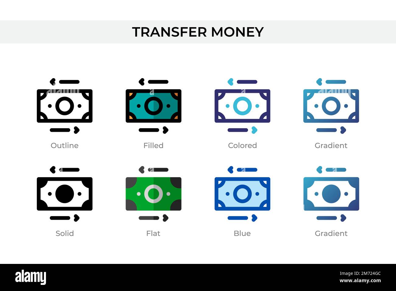 Icône transférer de l'argent dans un style différent. Icônes de vecteur de transfert d'argent conçues en contour, Uni, coloré, rempli, dégradé, et un style plat. Symbole, journal Illustration de Vecteur