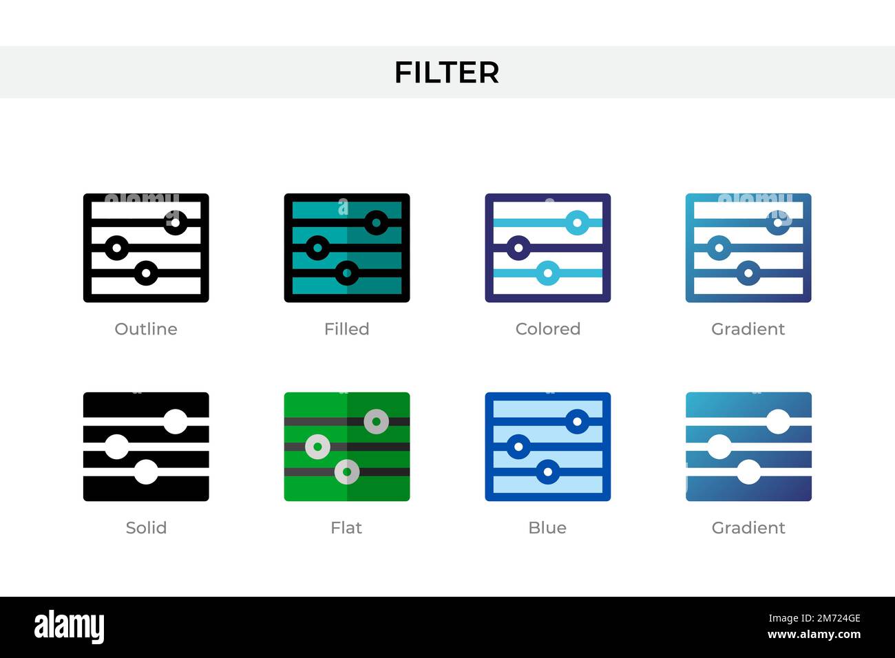 Icône de filtre dans un style différent. Filtrer les icônes vectorielles conçues en contours, pleins, colorés, remplis, dégradés, et un style plat. Symbole, illustration du logo. Illustration de Vecteur