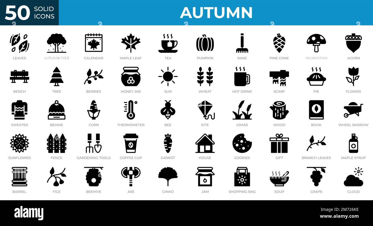 Ensemble de 50 icônes d'automne dans un style Uni. Feuilles, baies, chandail. Collection d'icônes unies. Illustration vectorielle Illustration de Vecteur