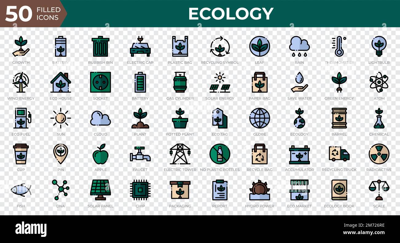 Ensemble de 50 icônes Web Ecology en style de contour plein. Recyclage, biologie, énergies renouvelables. Collection d'icônes de contour plein. Illustration vectorielle Illustration de Vecteur