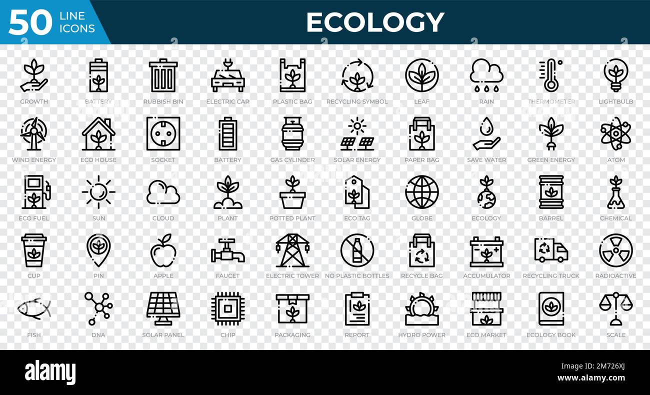 Jeu de 50 icônes Web Ecology en style ligne. Recyclage, biologie, énergies renouvelables. Collection d'icônes de contour. Illustration vectorielle Illustration de Vecteur
