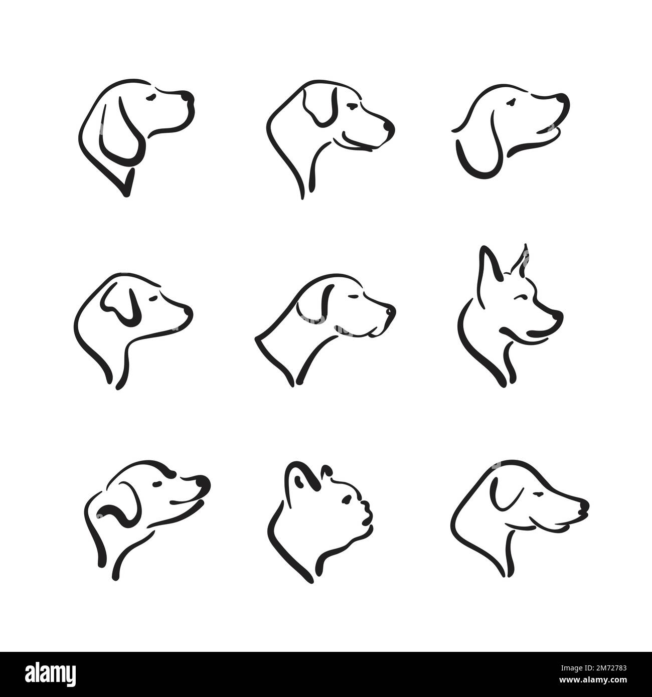 Groupe vectoriel de tête de chien dessinée à la main sur fond blanc. Animaux de compagnie. Illustration vectorielle superposée facile à modifier. Illustration de Vecteur