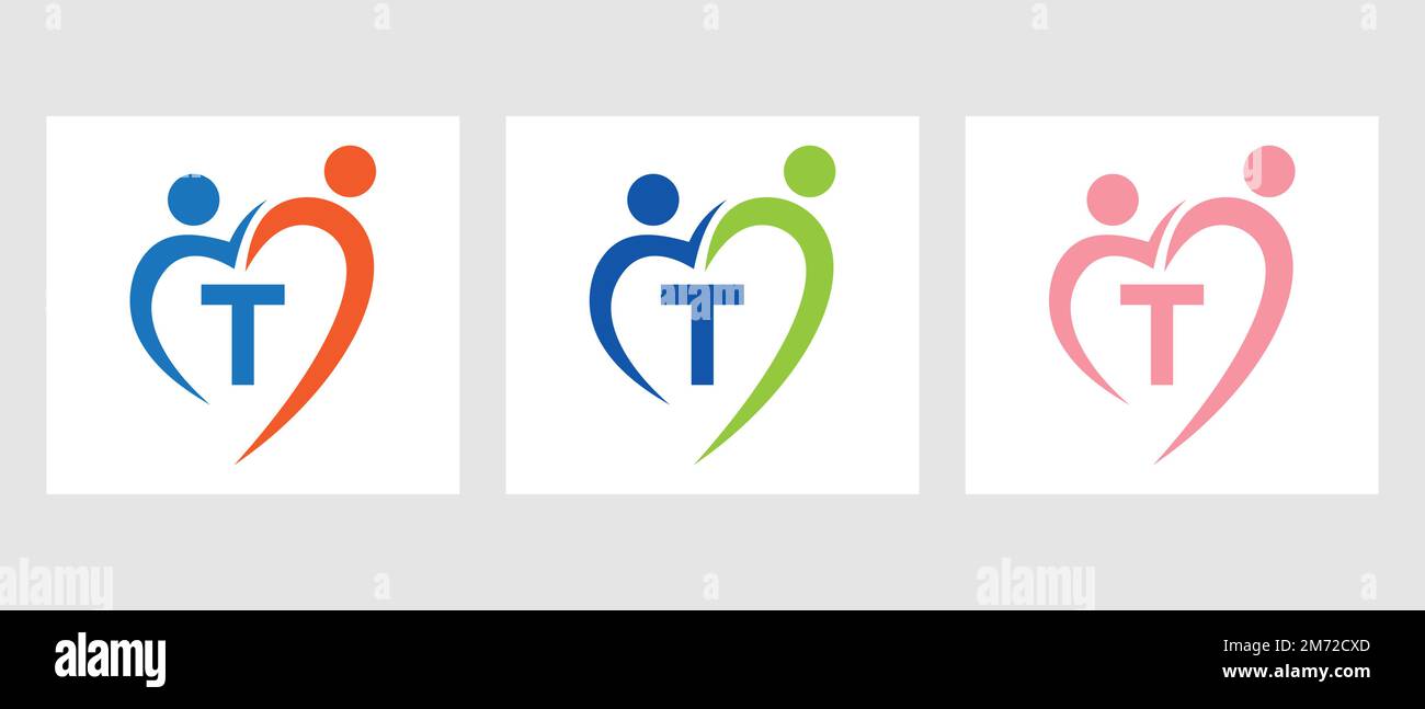 Modèle de logo de la communauté Letter T. Travail d'équipe, cœur, personnes, soins de famille, logo Amour. Affiche de fondation pour dons de bienfaisance Illustration de Vecteur